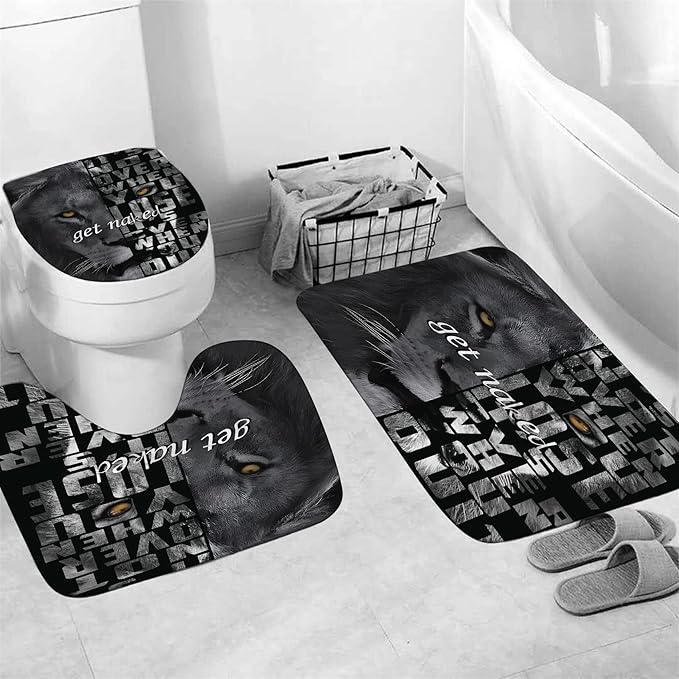 jieprom 4PCS Lion Insipirational Shower Curtain Set with Rugs, Toilet Lid Cover and Bath Mat, Animal Shower Curtain with 12 Hooks, Complete Bathroom Accessories Decor Set