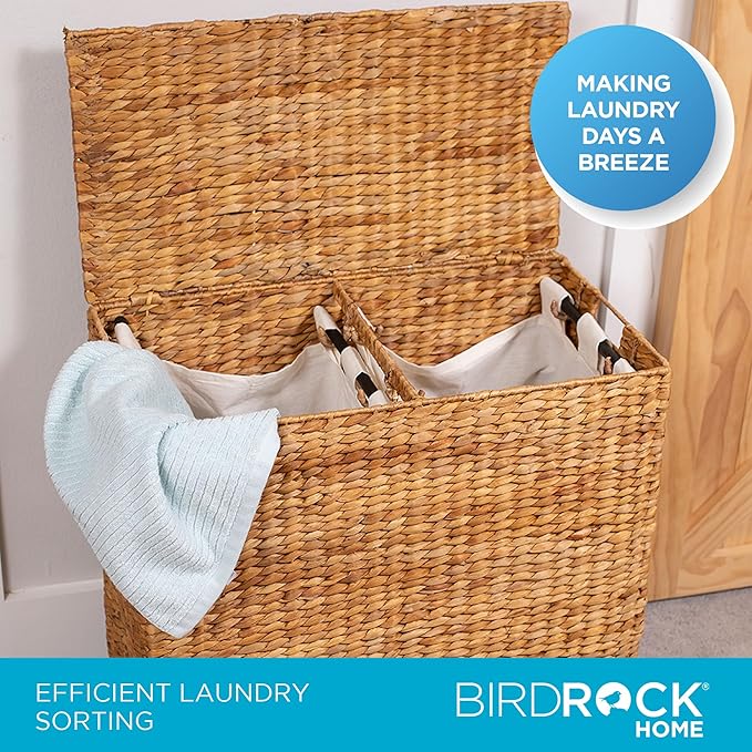 BirdRock Home Water Hyacinth Laundry Hamper Divided Interior (Natural) | Eco Friendly | Made of Hand Woven Hyacinth Fibers | Includes Two Removable Cotton Liners Bag | Wicker Laundry Basket with Lid