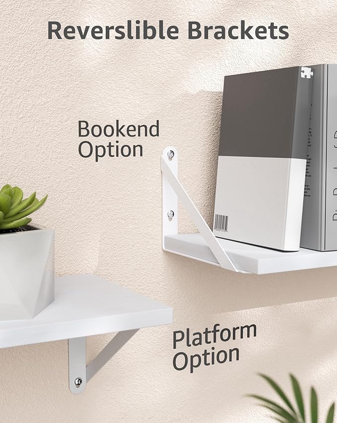 Wall Shelves 7.3" Deep Set of 2, Solid Paulownia Wood Wider Longer Sturdy Easy to Install Wall Mounted Bookshelves Storage Shelves Bathroom Storage Office Laundry Room Bedroom Organizer White