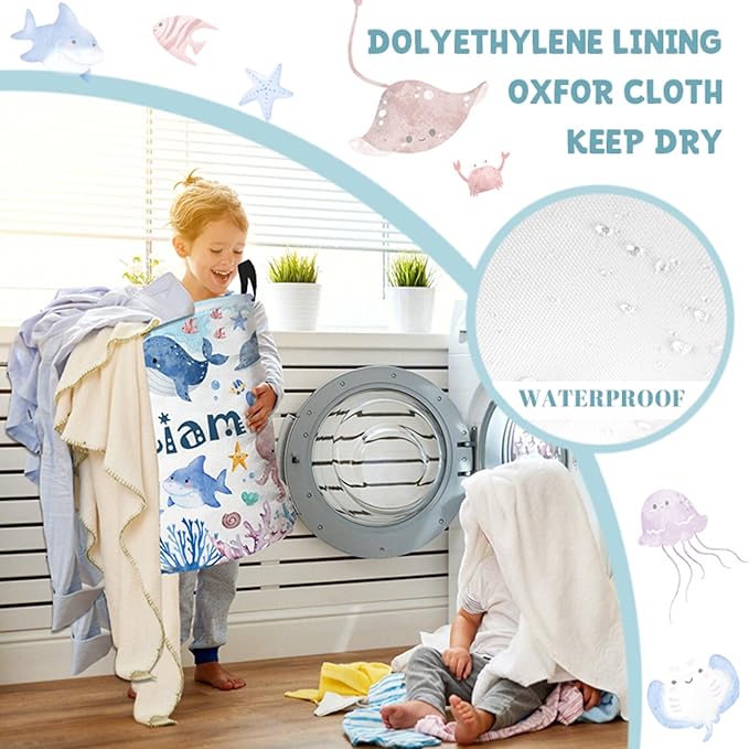 Personalized Laundry Hamper, Ocean Themed Laundry Baskets with Custom Name, Collapsible Hamper for Kids Adults Home Decoration,16.5 X 13.8in