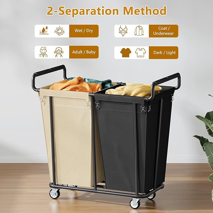 Gewudraw Large laundry hamper with Wheels, 2 Bag 360L Big Rolling Laundry Basket Sorter Cart, Extra Large Laundry Clothes Hamper, Heavy Duty Laundry Basket Organizer for Laundry Room,Bathroom