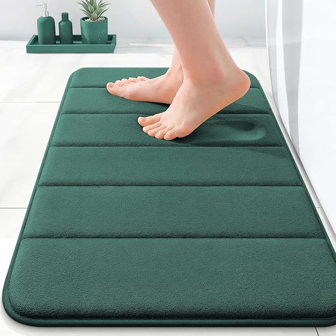 OLANLY Memory Foam Bath Mat 24x16, Super Soft Absorbent Bathroom Rugs, Quick Dry, Machine Washable Shower Floor Rugs, Bathmat Carpet, Bathroom Home Decor Accessories, Blackish Green