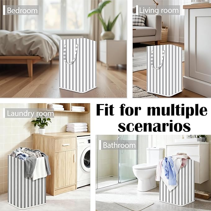 Large Laundry Basket ，75L Waterproof,Collapsible Laundry Hamper with Extended Handles for Clothes in the Family Dorm (Vertical Stripe Grey)