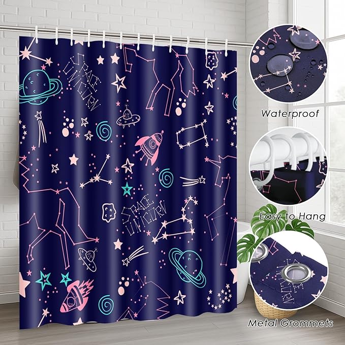 ArtSocket Cute Stars Space Bathroom Set with Shower Curtain and Rugs Accessories, Cute Kids Space Unicorn Galaxy Shower Curtain, Kids Astronaut Bathroom Decor 4 Pcs