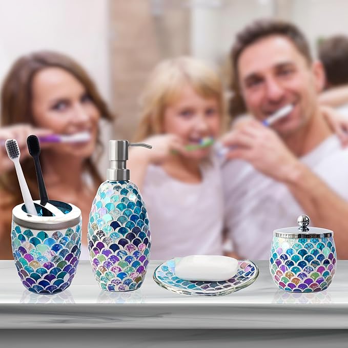 Escenzy Mermaid Bathroom Accessories Sets 4 Pcs | Luxurious Soap Dispenser, Toothbrush Holder, Cotton Glass Jar, Soap Tray | Mermaid Bathroom Decor | Modern Mosaic Glass Bathroom Accessories