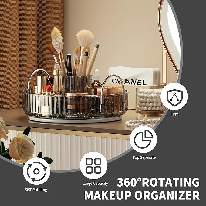 YCIA&DONE Rotating Makeup Organizer for Vanity, Large Capacity Make Up Storage Skin care Shelf Perfume Holders Cosmetic Dresser Organizer Countertop Spinning 360 (Smoky Gray, 1Tier)