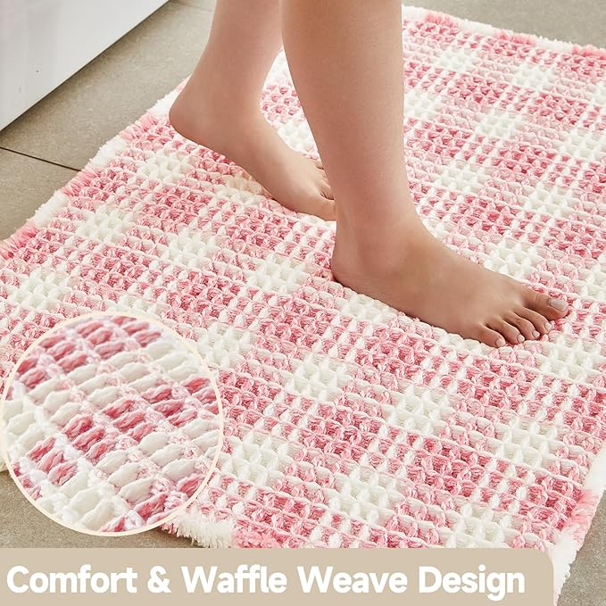 Waffle Bath Mat, Boho Bathroom Rugs Non Slip Washable Absorbent Checkered Bathroom Mat Quick Dry Cute Bath Mat, 30"x20" Pink and White