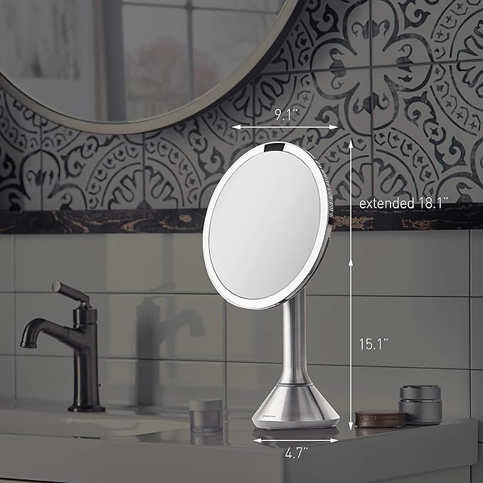 simplehuman 8" Round Sensor Makeup Mirror with Touch-Control Brightness, 5X Magnification, Rechargeable and Cordless, White Stainless Steel