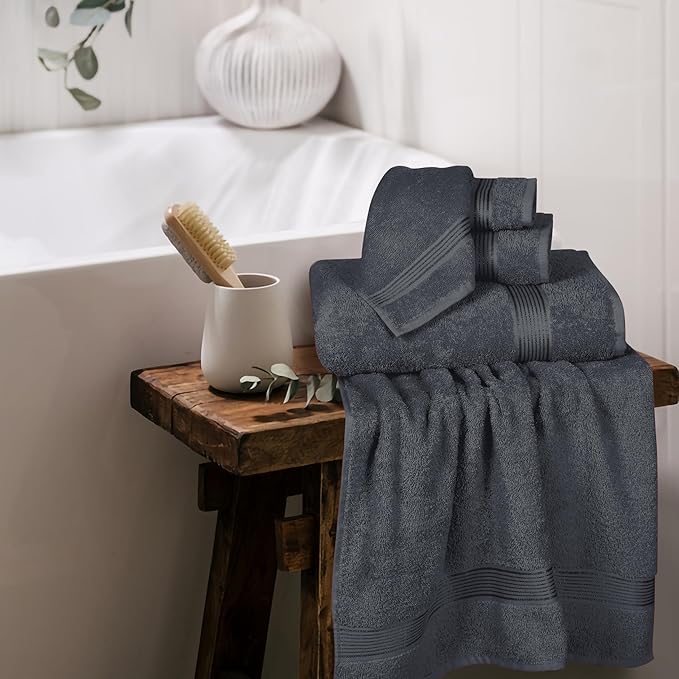 Elvana Home Ultra Soft 6 Pack Cotton Towel Set, Contains 2 Bath Towels 28x55 inch, 2 Hand Towels 16x24 inch & 2 Wash Coths 12x12 inch, Ideal Everyday use, Compact & Lightweight - Charcoal Grey