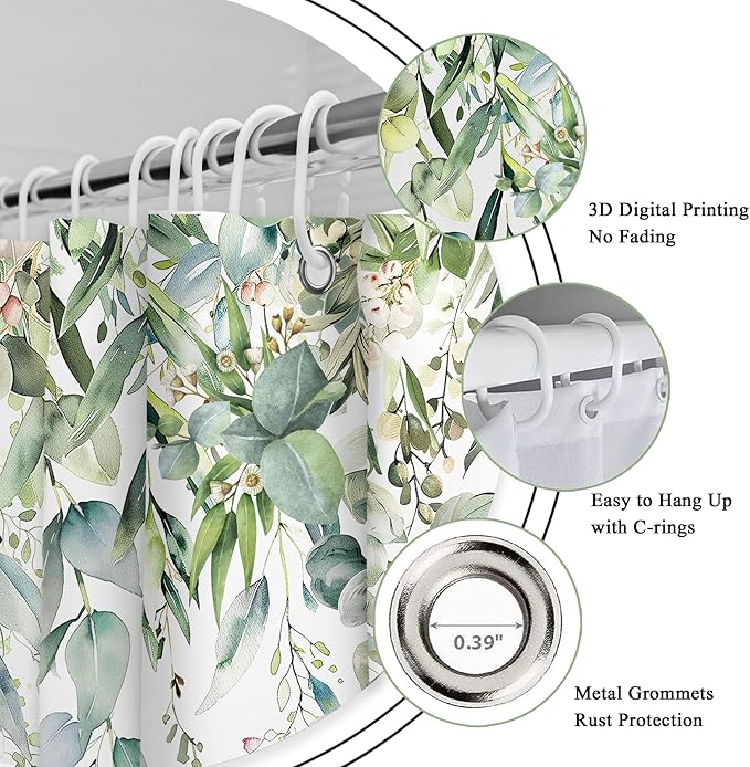 Riyidecor Small Green Eucalyptus Leaves Shower Curtain for Bathroom Decor 54Wx78H Single Standing Plants Watercolor Floral Rustic Botanical Art Printed Fabric Polyester Waterproof 12 Pack Plastic