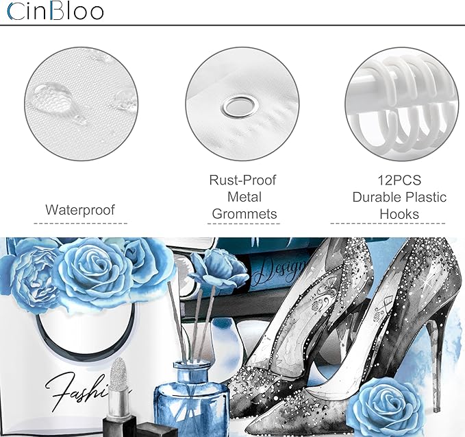 Cinbloo Girly Blue Shower Curtain 60Wx72H Silver Fashion Shower Curtain Women Girls Gray Teal Flower Perfume Bathroom Curtain Set High Heels Magazine Books Floral Bathroom Decor Fabric with 12 Hooks