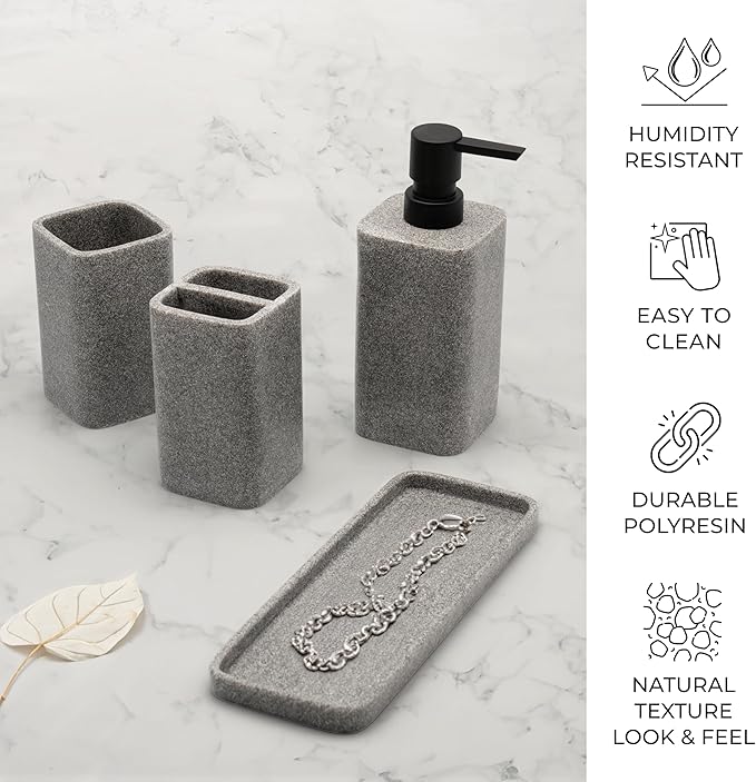 ZCCZ Bathroom Accessory Sets, 4 Pieces Bathroom Accessories Complete Set Vanity Countertop Accessory Set, Includes Lotion Dispenser Soap Pump, Tumbler, Toothbrush Holder and Tray (Grey)