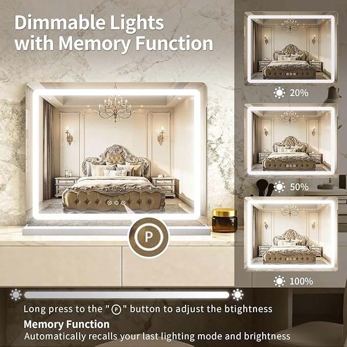 ROLOVE Vanity Mirror with Lights, 23"x18" Large Makeup Mirror with Lights, 10x Magnification, Wall Mounted LED Mirror for Bathroom, Dimmable Touch Control, Desk Mirror