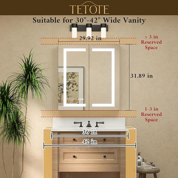 TETOTE 30 x 32 Lighted Medicine Cabinet Mirror for Bathroom with LED Lights, 2 Door Tempered Glass Recessed or Surface Mount Mirrored Cabinet, Outlets & USB, 3-Color Dimming, Defog, Adjustable Shelf