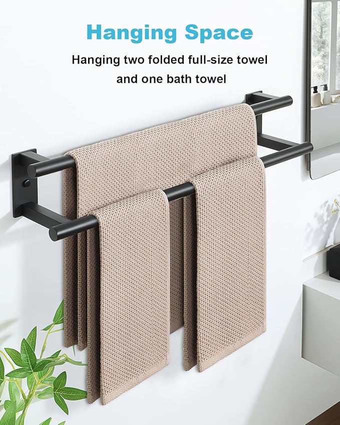 Alise Bathroom Double Towel Bar, 24 Inch Wall Mount Towel Holder, Towel Racks for Bathroom, SUS304 Stainless Steel Towel Hanger, Thickened Pipe with Strong Load-Bearing Capacity, Matte Black