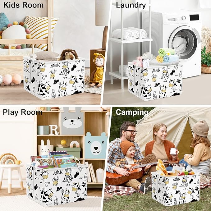 Clastyle Cute Cow Baby Storage Basket for Kids Room Nursery Collapsible Rectangle Clothes Toy Bin Book Shelf Basket