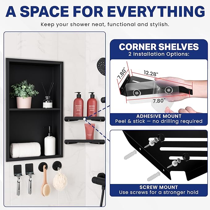 Stainless Steel Shower Niche No Tile Needed 24"x12" Inner Size (25.19"x13.19" Outside Size) Matte Black - Niche for Shower Wall - Bathroom Niches - Includes Corner Shelves Razor Holders and Wall Hooks