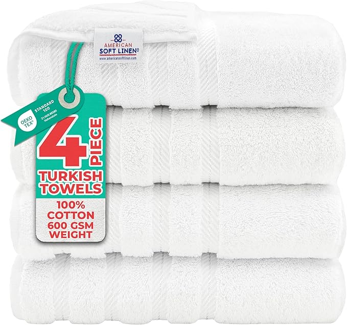American Soft Linen Luxury 4 Piece Bath Towel Set, 600 GSM 100% Cotton Turkish Bath Towels for Bathroom, 27x54 in Extra Large Bathroom Shower Towels, White