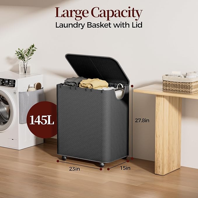 LAMU 145L Laundry Hamper with Wheels, Rolling Laundry Basket with Lid and 3 Removable Laundry Bag, Sturdy Large Capacity 3 Section Dirty Clothes Hamper for Laundry Room, Bedroom, Bathroom, Dorm, Black