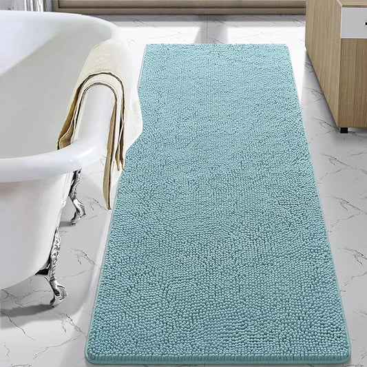 LOCHAS Luxury Bathroom Rug Shaggy Bath Mat 24 x 70 Inch, Washable Non Slip Bath Rugs for Bathroom Shower, Soft Plush Chenille Absorbent Carpets Mats, Spa Blue
