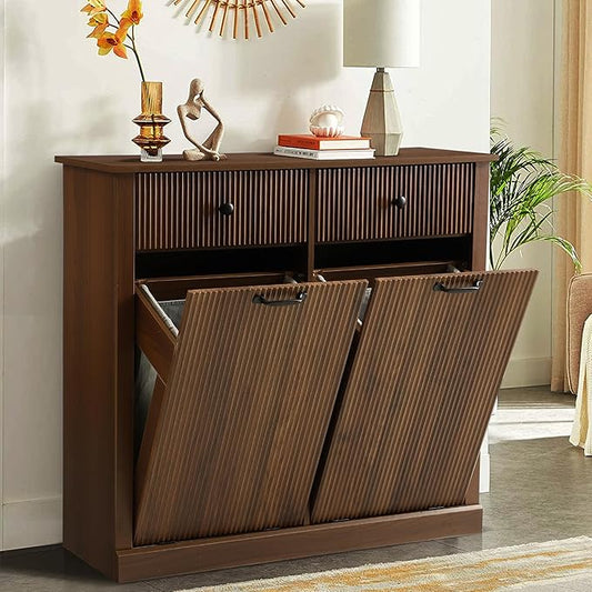 Double Tilt Out Laundry Hamper Cabinet, Modern Fluted Trash Can Cabinets with Drawer, Wooden 22 Gallon Hidden Garbage Cabinet for Kitchen and Bathroom (Brown, Full)