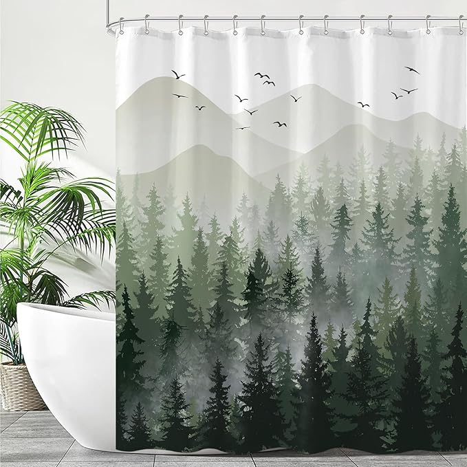Accnicc Green Misty Forest Shower Curtain Ombre Sage Green White Waterproof Fabric Shower Curtains for Bathroom Nature Pine Tree Mountain Woodland Decorative Bath Curtain Decor (72'' × 72'')