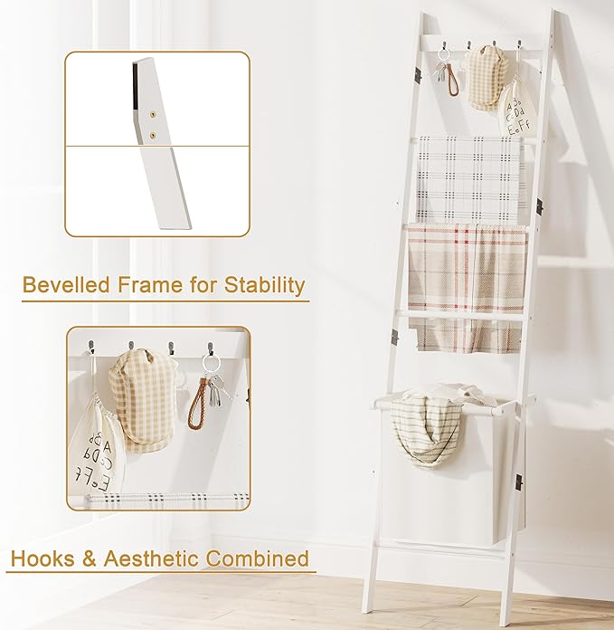 BAMBANG Bamboo Blanket Ladder with Basket, 5-Tier Quilt Rack Stand with 4 Hooks & Storage Hamper for Living Room Bathroom, Wall Leaning Decorative Ladder Shelf for Blankets Display (White)