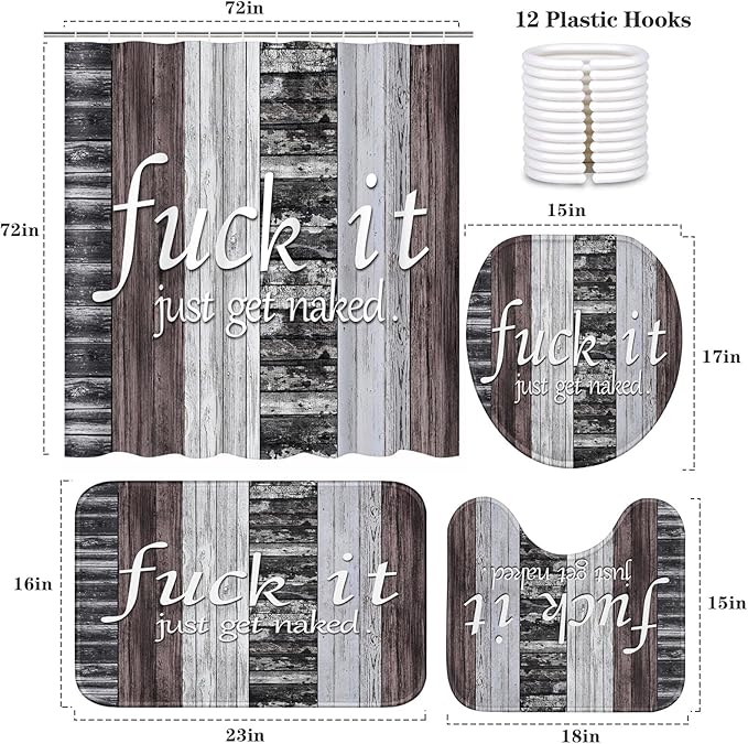 ArtSocket 4PC Funny Get Naked Farmhouse Rustic Grey Brown Striped Shower Curtain Sets Bathroom Decor with Rugs, Non-Slip Rug,Toilet Lid Cover, Bath Mat and 12 Hooks 72x72 inches