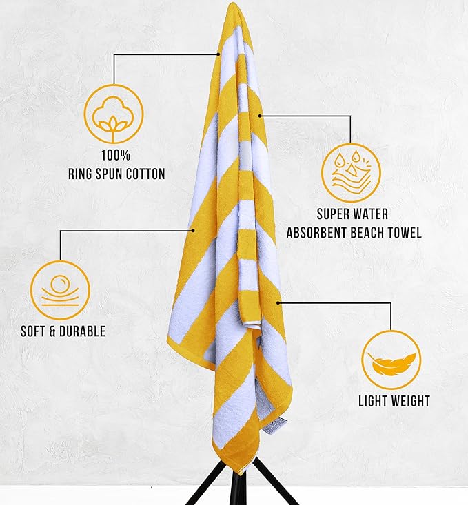 Utopia Towels 4 Pack Cabana Stripe Beach Towel, 30 by 60 Inches, Oversized 100% Ring Spun Cotton Pool Towels, Highly Absorbent Quick Dry Bath Towels for Beach, and Swim, Yellow
