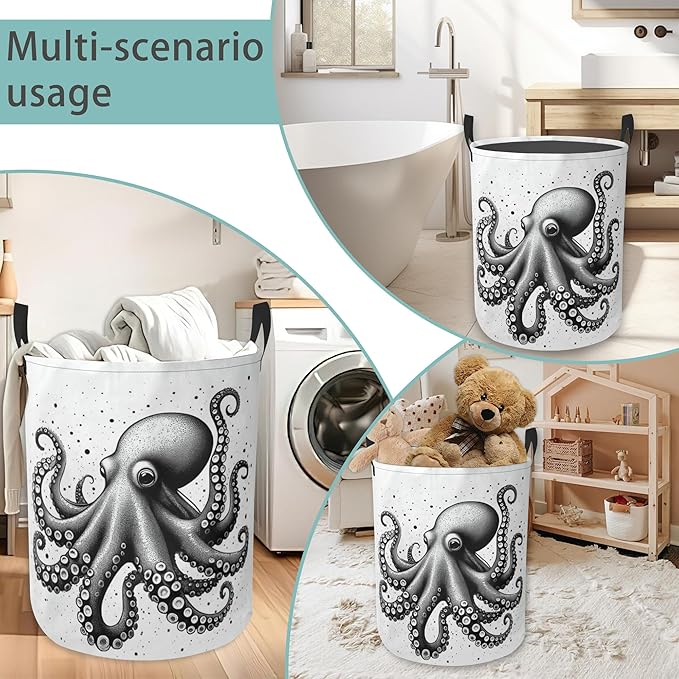 Octopus Round Laundry Hamper Storage Basket Toys Clothes Organizer Bin For Home Bathroom Bedroom Dorm Nursery