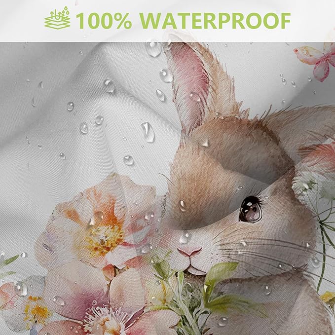 MEHOFOND 4pcs Easter Shower Curtain Sets Spring Easter Bunny Shower Curtain Set for Bathroom Cute Rabbits Floral Plant Watercolor Flower Bathroom Decor with Non-Slip Rugs Toilet Lid Cover and Bath Mat