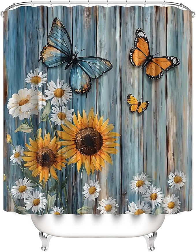 AZHM Rustic Flower Shower Curtain Set Sunflower and Daisy Floral Bathroom Set with Butterfly Accents with Shower Curtain and Bath Mat and 12 Hooks