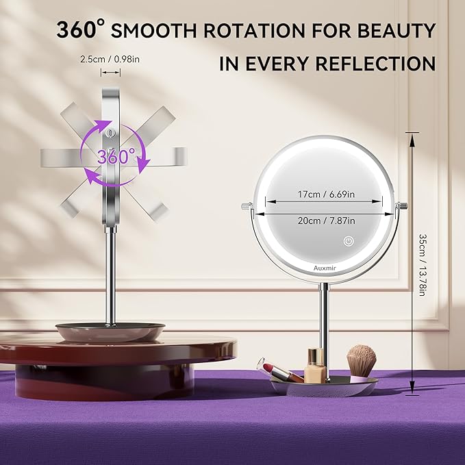 Auxmir 8" Lighted Makeup Mirror Rechargeable 1X/10X Magnifying Mirror with 3 Dimmable Colors Light, Double Sided Vanity Mirror with Stand, 360° Rotation Touch Screen Tabletop, Chrome
