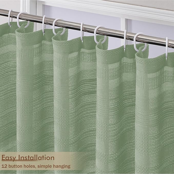 OVZME Light Green Shower Curtain for Bathroom, Boho Linen Textured Shower Curtain with Tassel, Rustic Striped Heavy Duty Vintage Country Bathroom Curtain, 72Wx72L Inches