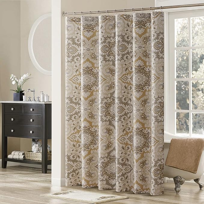 Palermo Khaki Classic Polyester Waterproof Fabric Paisley Shower Curtain,Printed Decorative Taupe Bathroom Curtains,72" W x Extra 84" L