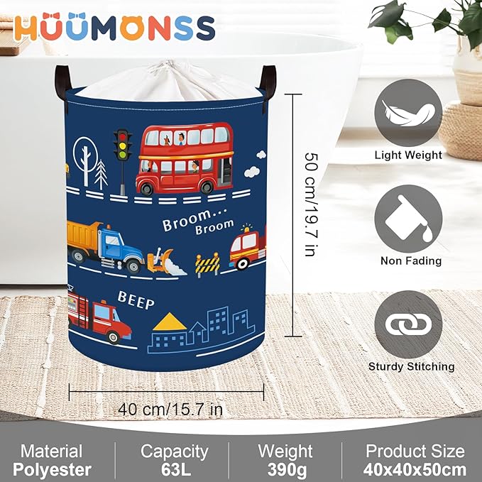 Cars Laundry Hamper Cartoon Vehicle Large Storage Basket Collapsible Parents Organizer Boy Toy Clothes Bins for Bedroom, Bathroom, City Bus, 63L