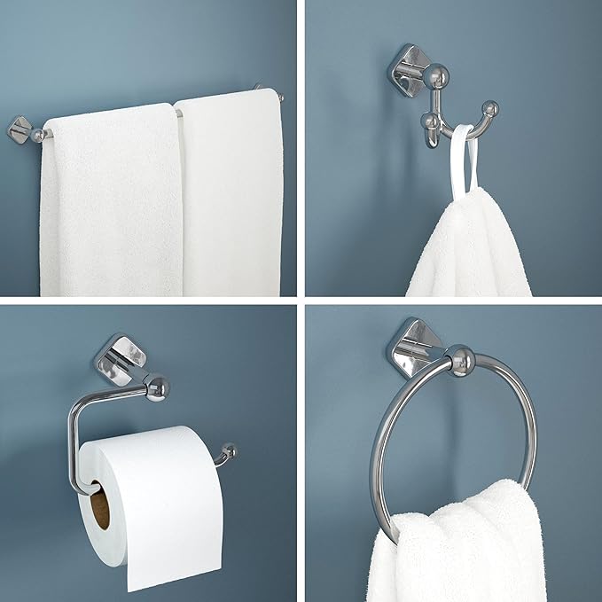 Franklin Brass Gainesville 4-Piece Bathroom Set Polished Chrome 18" + 6" Towel Rack, Toilet Paper Holder, Hand Towel Holder, Hook | 4-Piece Bath Hardware Accessories Set GNV64-PC