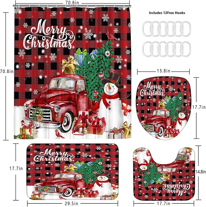 Yizheer Merry Christmas 4Pcs Snowman Waterproof Shower Curtain Set with Non-Slip Rugs, Toilet Lid Cover and Bath Mat, Bathroom Home Decor Set