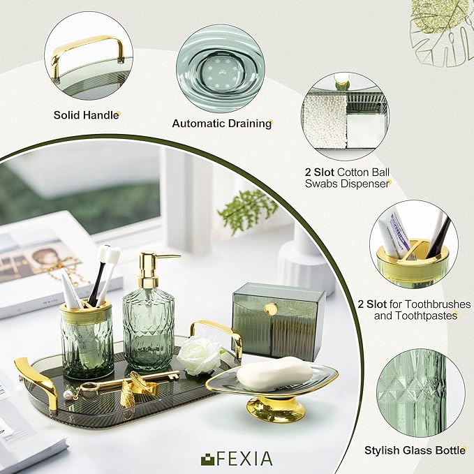 FEXIA Green Bathroom Accessories Set 5 Pcs Green Bathroom Decor with Decorative Vanity Tray for Boho Bathroom Decorations Soap Dispenser Toothbrush Holder Lotion Gifts for Women Home Apartment Decor