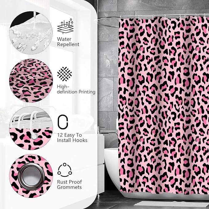 Onalasyc 5Pcs Pink Leopard Shower Curtain Set, Wall Painting Bathroom Sets with Shower Curtain and Rugs, Cheetah Print Bathroom Wall Art Decor Painting Shower Curtains Sets with Rugs