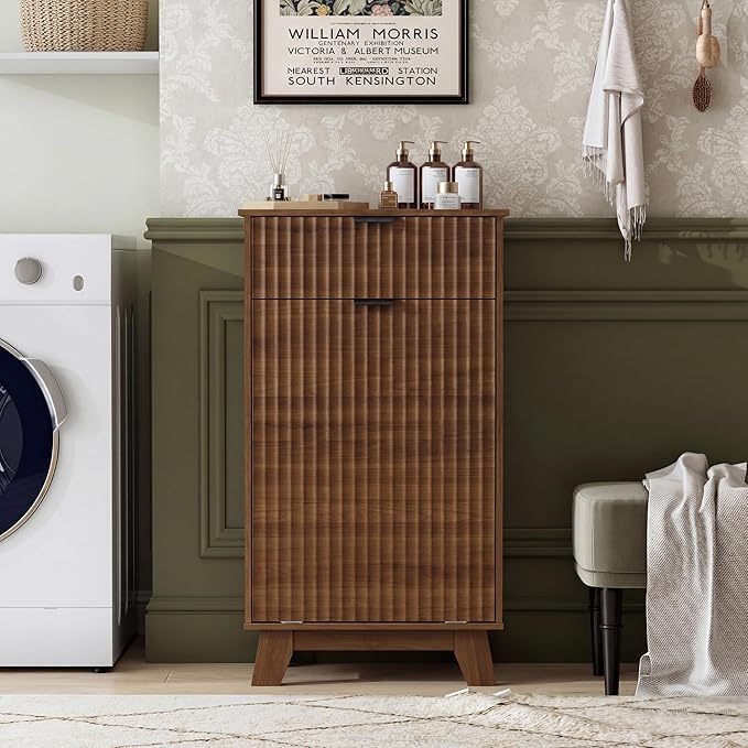 Double Tilt Out Laundry Hamper Cabinet, 20 Gallon Wooden Trash Can Cabinet with Storage Drawers, Hidden Fluted Garbage Can Holder for Kitchen, Living Room (Walnut Wood, 20.47"W x 35.83"H x 13"D)