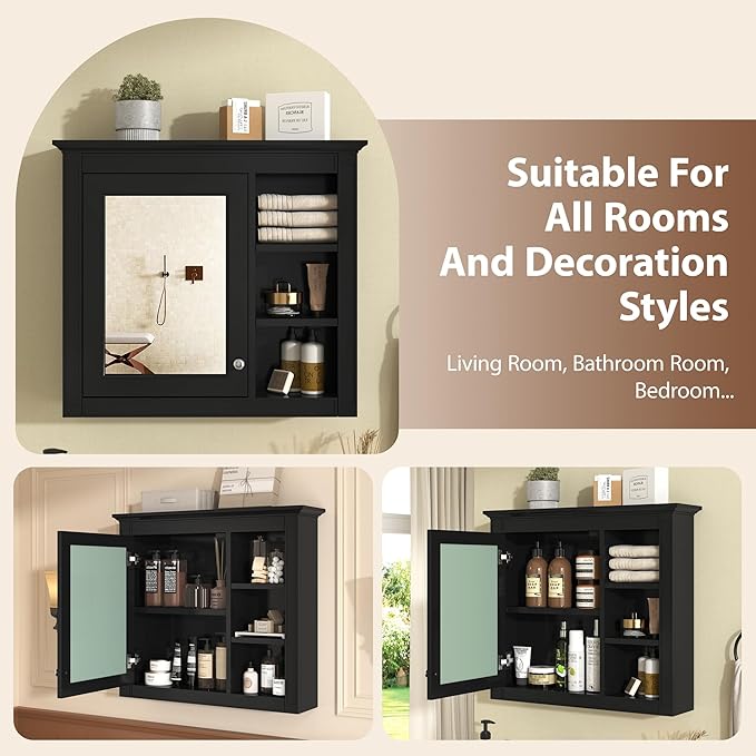 Merax Bathroom Medicine Cabinet with Mirror, 30" x 28" Wall Mounted Medicine Cabinet with Single Door and Shelves, Over The Toilet Mirrored Bathroom Storage Wall Cabinet