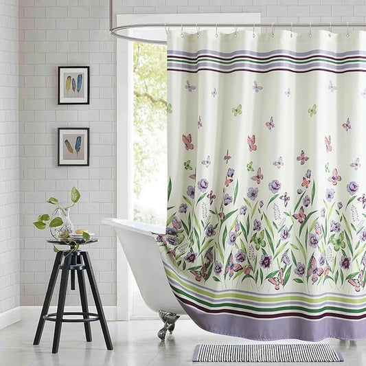 Extra Long Fabric Shower Curtain, Butterfly Garden Flower Plant Shower Curtains for Bathroom, Purple and Cream Floral Bathroom Curtains, 72" W x 84" H