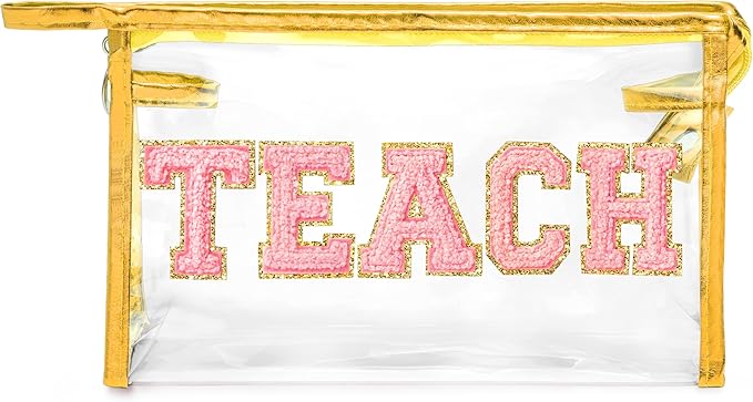 CY2SIDE TEACH Clear Makeup Bag - Pink TEACH Letter Patch Cosmetic Bag with Handle for Travel PVC Zipper Clear Toiletries Waterproof Portable Travel Organizer Teacher Appreciation Gifts, Gold