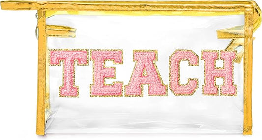CY2SIDE TEACH Clear Makeup Bag - Pink TEACH Letter Patch Cosmetic Bag with Handle for Travel PVC Zipper Clear Toiletries Waterproof Portable Travel Organizer Teacher Appreciation Gifts, Gold