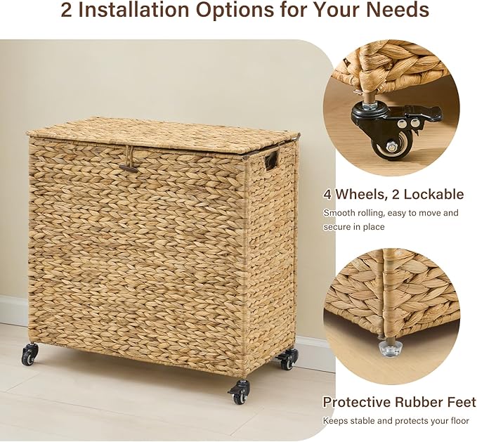 Hand-Woven Laundry Basket with Wheels, Natural Water Hyacinth Laundry Hamper with Lid, Removable & Machine-Washable Liner,2-Section Clothes Hamper for Bathroom and Laundry Room(120L,Natural)