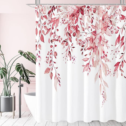 Gibelle Pink Eucalyptus Shower Curtain, Watercolor Plant Leaves with Floral Bathroom Shower Curtain Set, 72x72