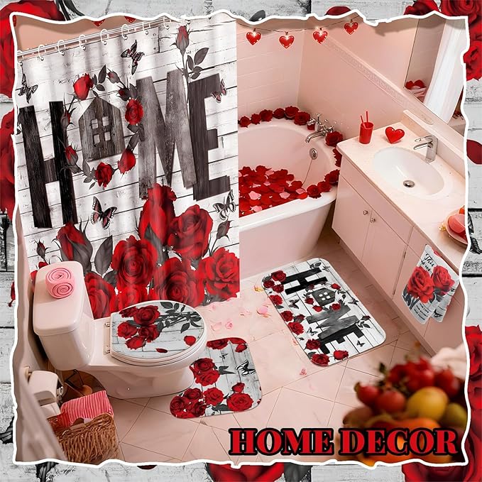 Tatuo 8 Pcs Red Rose Shower Curtain Set Rose Home Romantic Farmhouse Bathroom Decor Accessories Sets Black Red Waterproof Shower Curtain with Towels Carpet Bath Mat Toilet Rugs and 12 Hooks