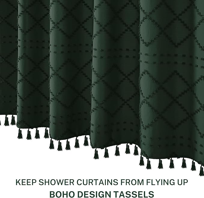 Extra Long Dark Green Boho Woven Fabric Cute Shower Curtain, 72 x 78 Tufted Chevron Textured Striped Modern Farmhouse Minimalist Cloth Shower Curtain for Bathroom