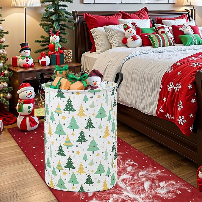 HUNRUNG Laundry Hamper,Large Canvas Fabric Lightweight Storage Basket Toy Organizer Dirty Clothes Collapsible Waterproof for College Dorms???Round-Green tree???